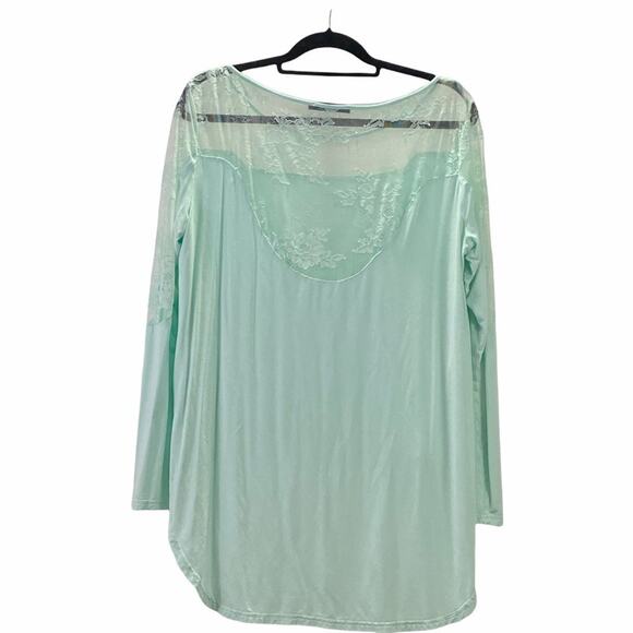Ling Yi Yuan Mint Green Long Sleeve Stretchy Hi-Lo Top with Lace Panels Large - Picture 2 of 11